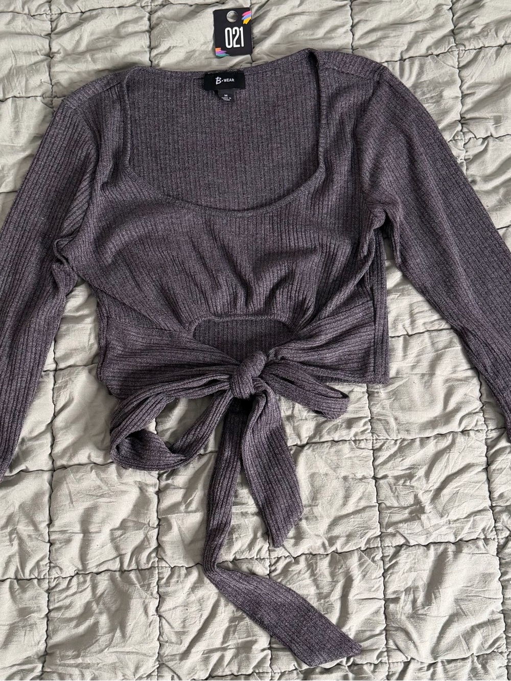 Bwear Ribbed Tie-Front Long Sleeve Top — Charcoal Plum